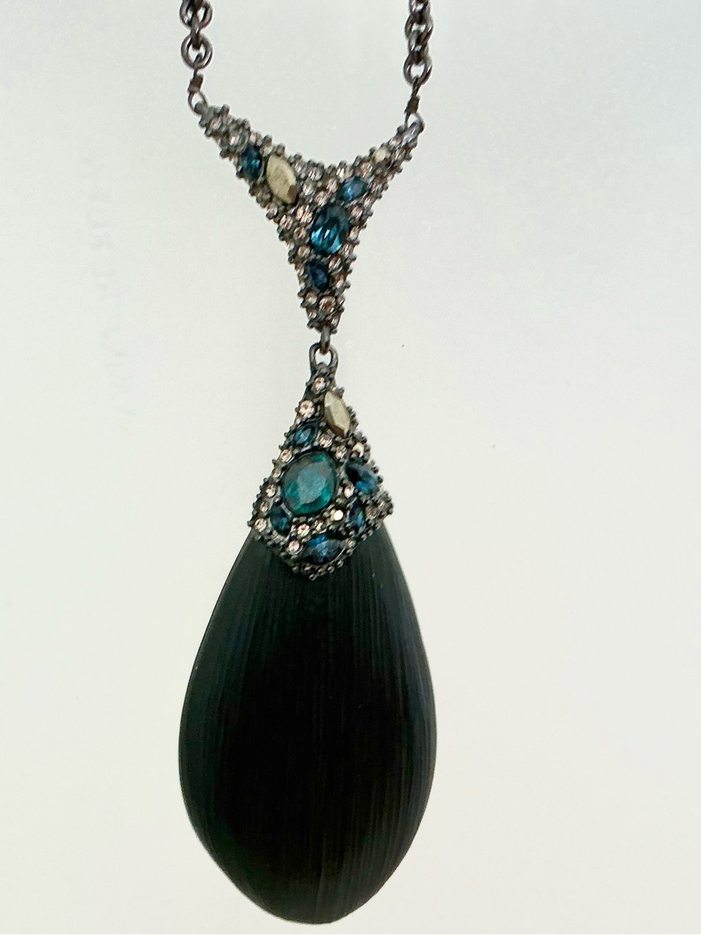 Alexis Bittar gun metal carved black Lucite and Crystal Pendant Necklace